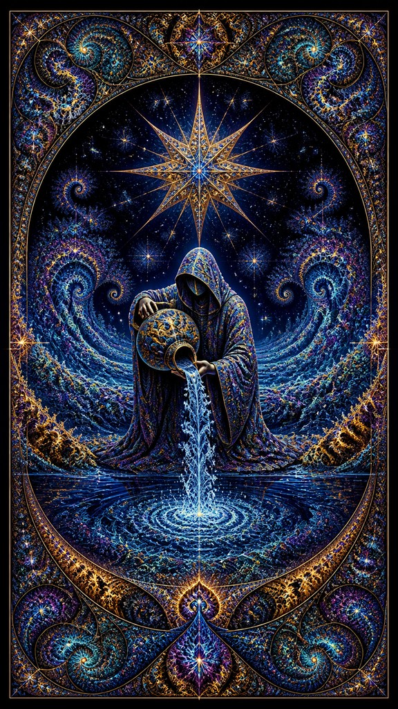 a robed figure pouring water beneath a large eight-pointed star in a night sky, symmetrical composition with an ornate decorative border, no text — Fractal Abstract Art Style tarot card