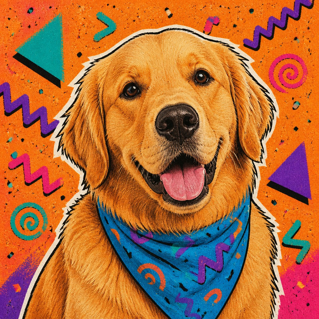 portrait of a golden retriever wearing a blue bandana, warm plain backdrop, no text — 90s Retro Aesthetic pet portrait