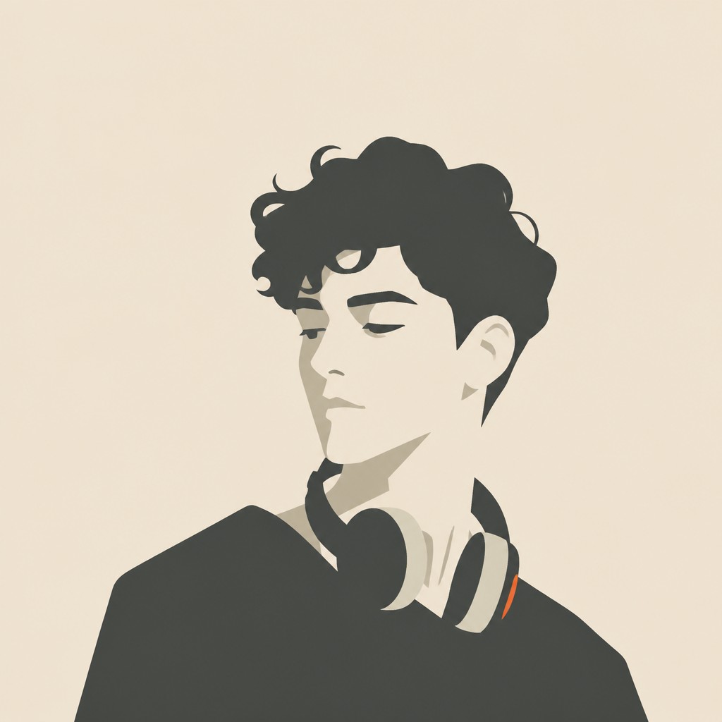 head-and-shoulders portrait of an original character: a young man with curly dark hair and headphones around his neck, plain backdrop, no text — Minimalist Abstract Art Style Discord profile picture