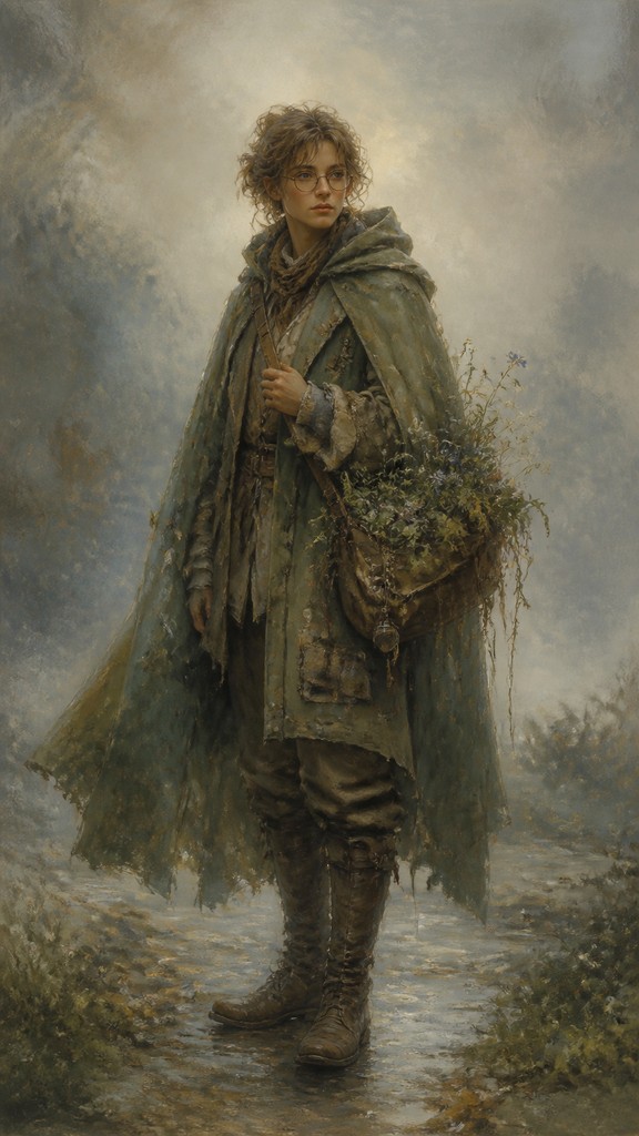 full-body original character: a wandering botanist with a satchel of plants, a patched green cloak, tall boots and round glasses, neutral background — Atmospheric Impressionism Art Style character design