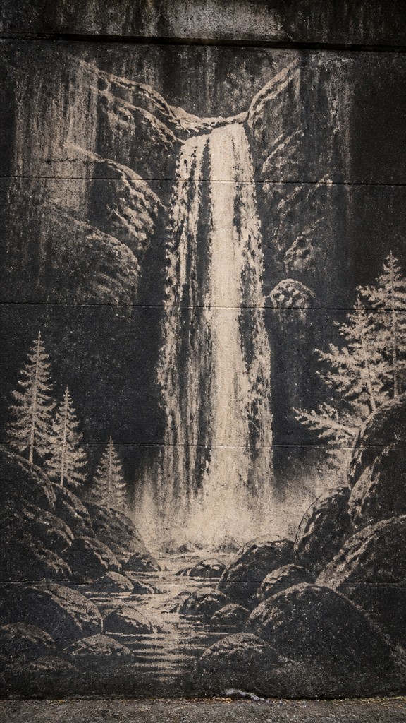 towering waterfall cascading down a cliff — Reverse Graffiti Street Art Style