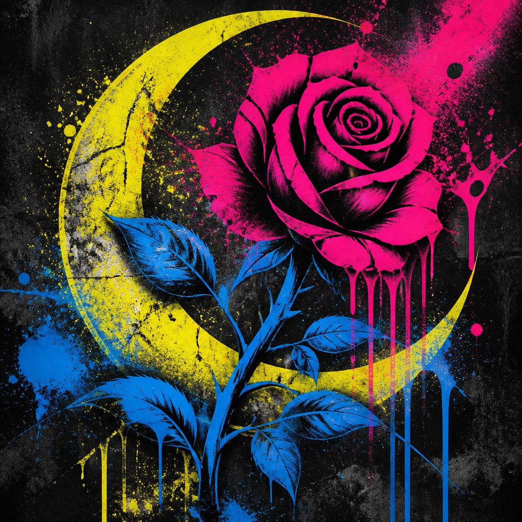 a rose entwined with a crescent moon, clean balanced composition on a plain background, no text — Graffiti Modern Art Style tattoo design