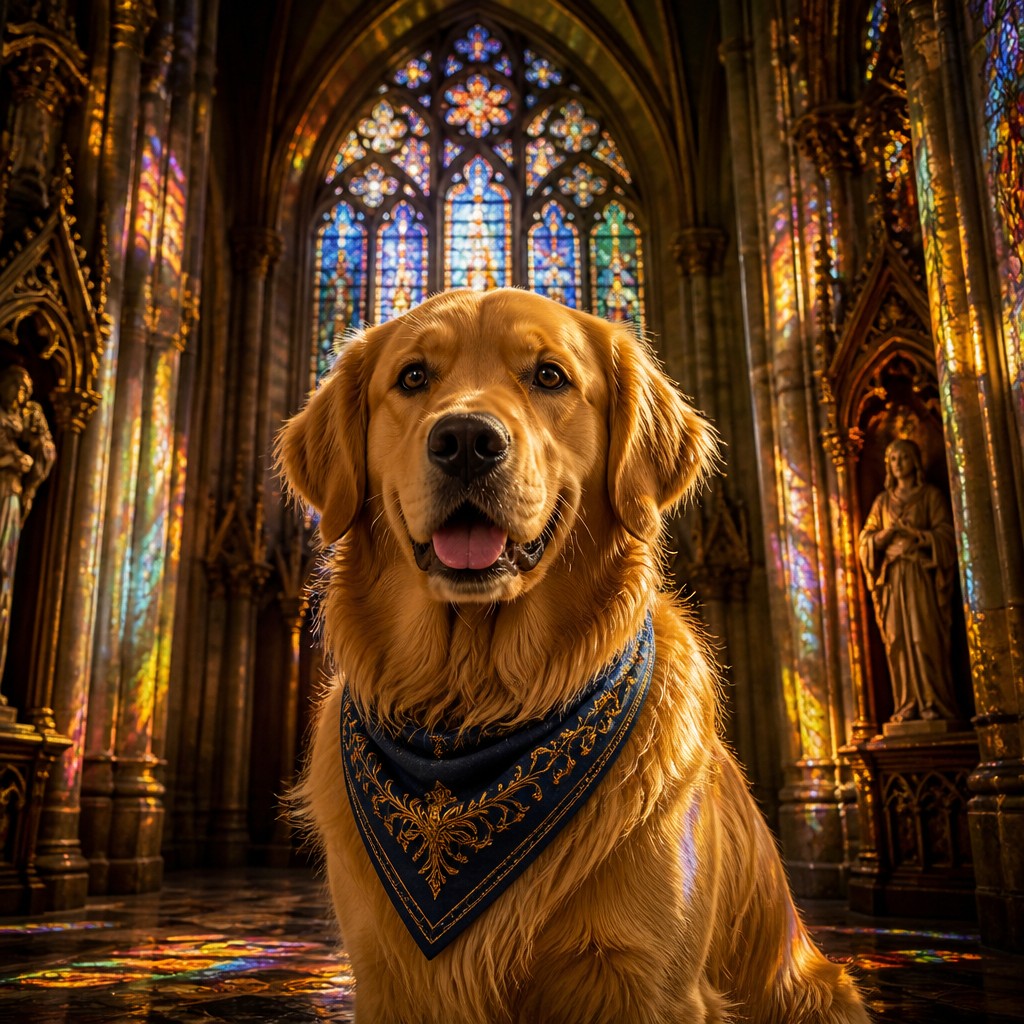portrait of a golden retriever wearing a blue bandana, warm plain backdrop, no text — Gothic Cathedral Art pet portrait