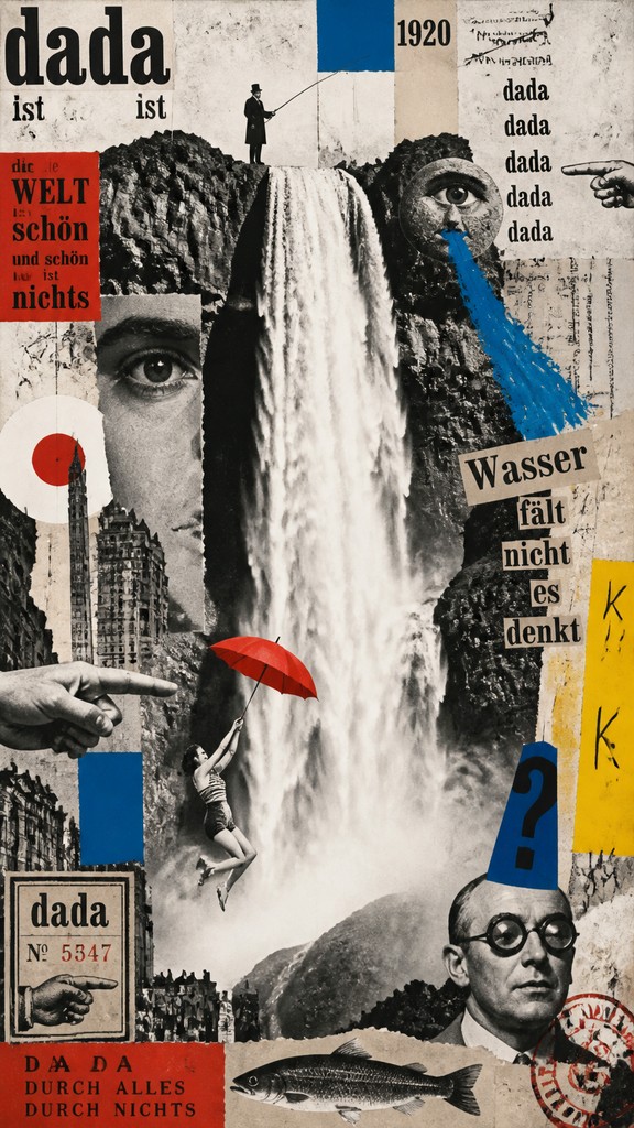 towering waterfall cascading down a cliff — Dada Art Style
