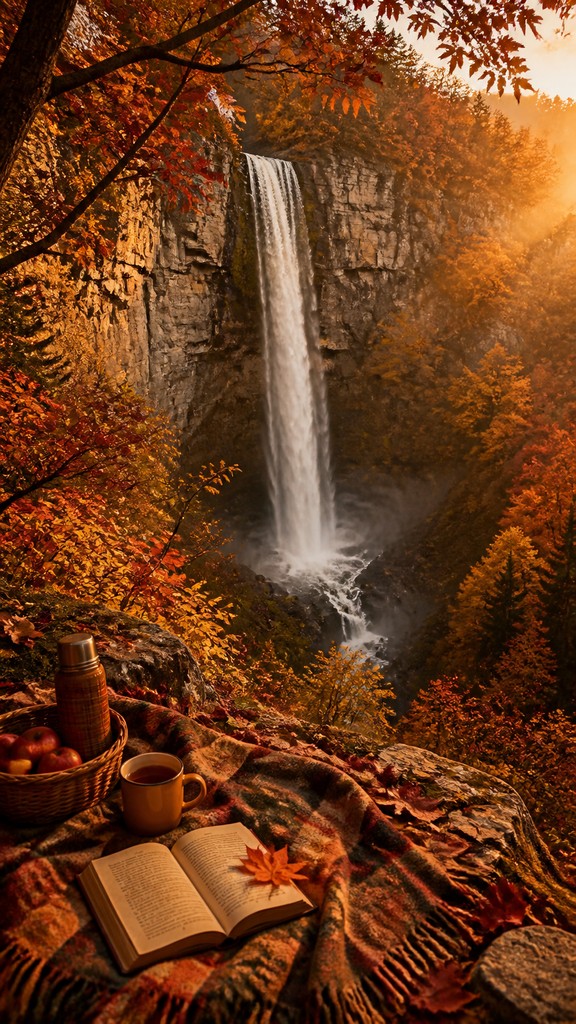 towering waterfall cascading down a cliff — Autumncore Aesthetic