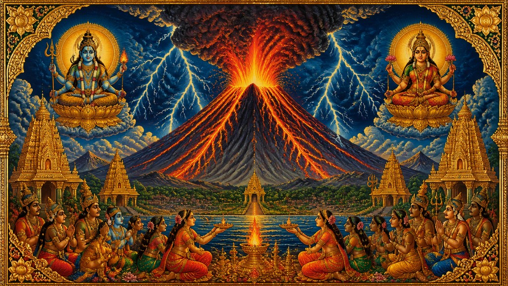 an erupting volcano with lightning strikes, dramatic wide composition, no text — Hindu Religious Art YouTube thumbnail