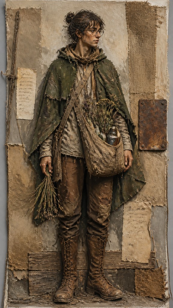 full-body original character: a wandering botanist with a satchel of plants, a patched green cloak, tall boots and round glasses, neutral background — Arte Povera Art Style character design
