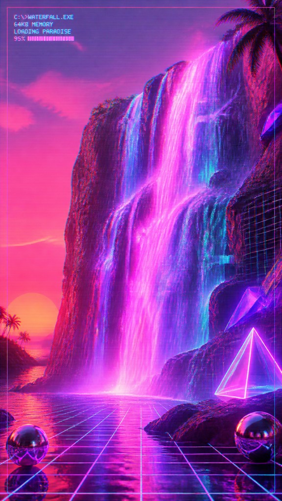 towering waterfall cascading down a cliff — Vaporwave Art Style
