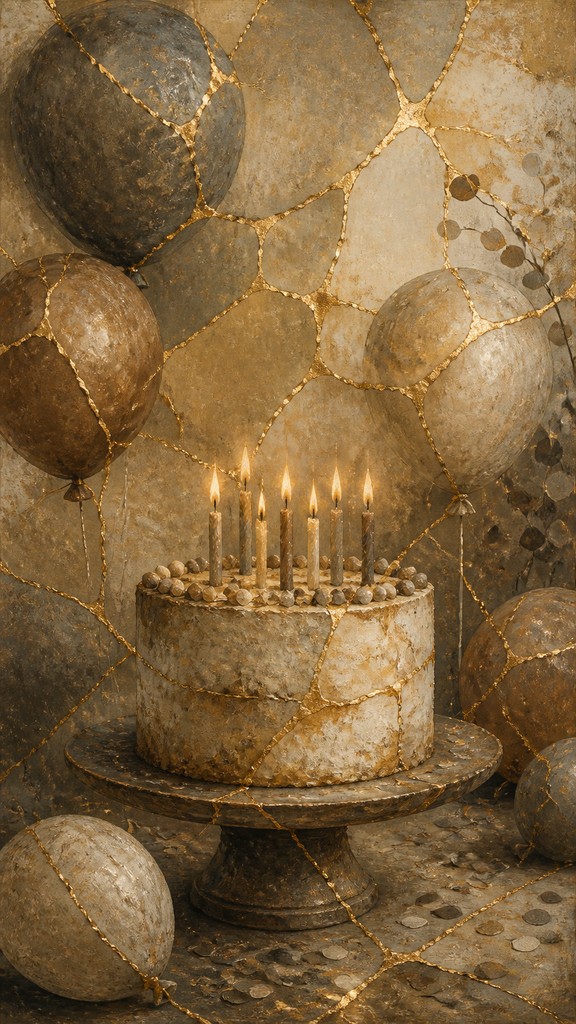 a birthday cake with lit candles surrounded by balloons and confetti, festive vertical composition, no text — Wabi-Sabi Kintsugi Painting birthday card