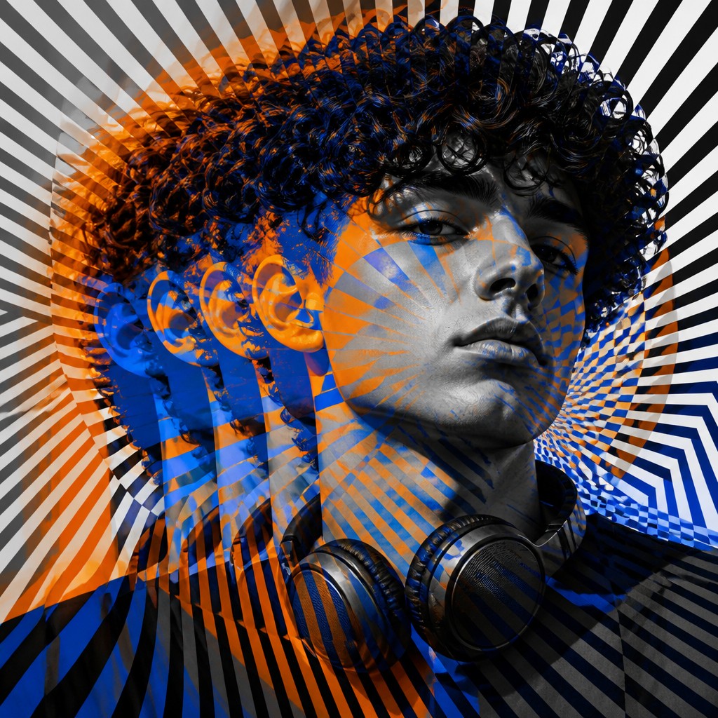 head-and-shoulders portrait of an original character: a young man with curly dark hair and headphones around his neck, plain backdrop, no text — Kinetic Art Style Discord profile picture