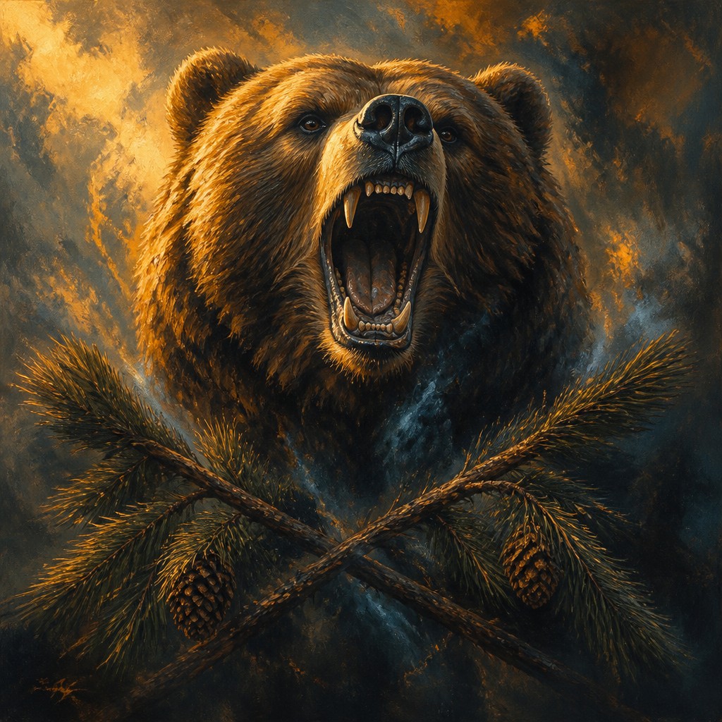 a roaring bear head above crossed pine branches, bold graphic composition on a plain background, no text — Neo-Romanticism Art Style t-shirt design