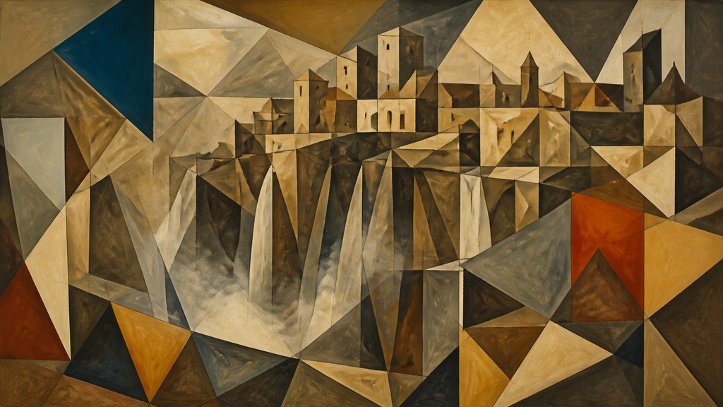 a cliffside city with waterfalls cascading into a misty canyon, wide establishing shot, no people, no text — Cubist Still Life Art Style concept art