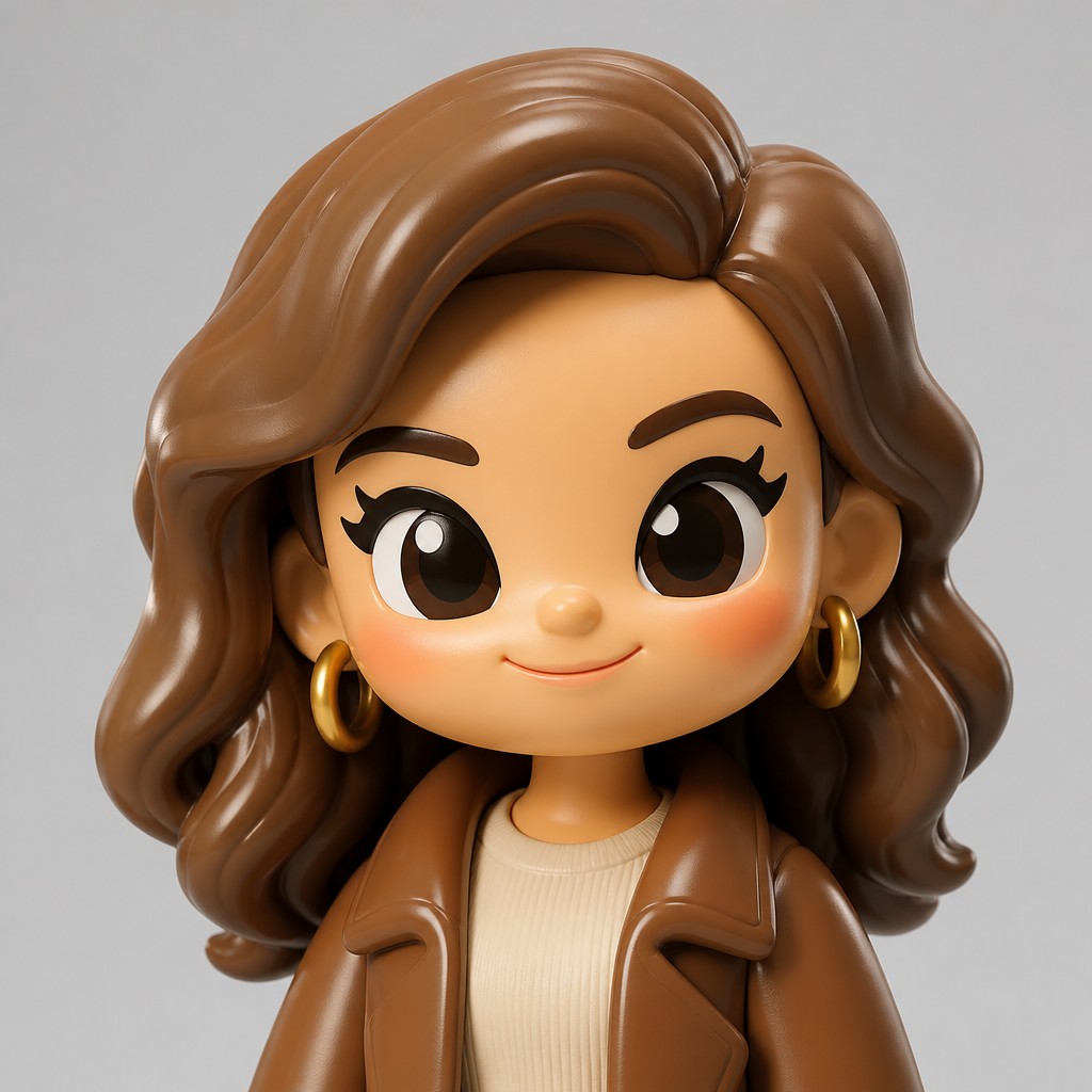 head-and-shoulders portrait of an original character: a young woman with wavy chestnut hair and a warm smile, plain soft backdrop — Designer Vinyl Toy Art profile picture