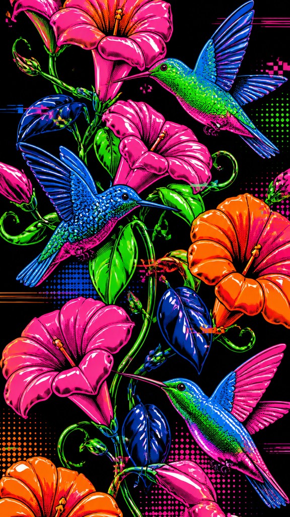 a climbing vine of flowers and hummingbirds on a dark background, tall wrapping composition, no text — Neo-Pop Art Style phone case design