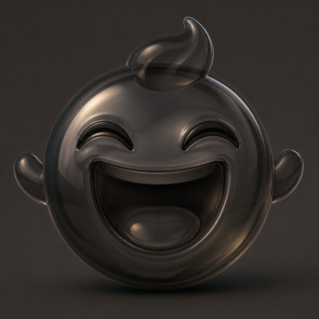 an exaggerated laughing face of an original round mascot character, bold and readable at small size, plain background, no text — Smoked Glass Twitch emote