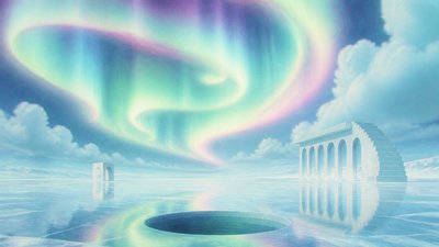 a sweeping aurora over a frozen lake, no people — Dreamcore Aesthetic wallpaper