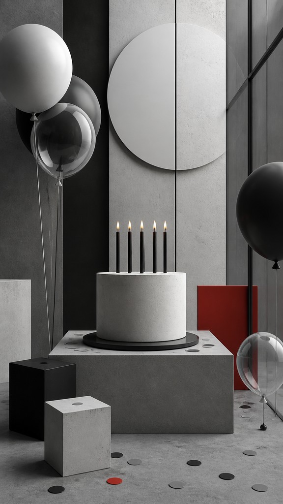 a birthday cake with lit candles surrounded by balloons and confetti, festive vertical composition, no text — Minimalist Modern Art Style birthday card