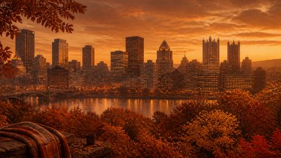 a city skyline panorama at dusk with glowing windows, no people — Autumncore Aesthetic wallpaper