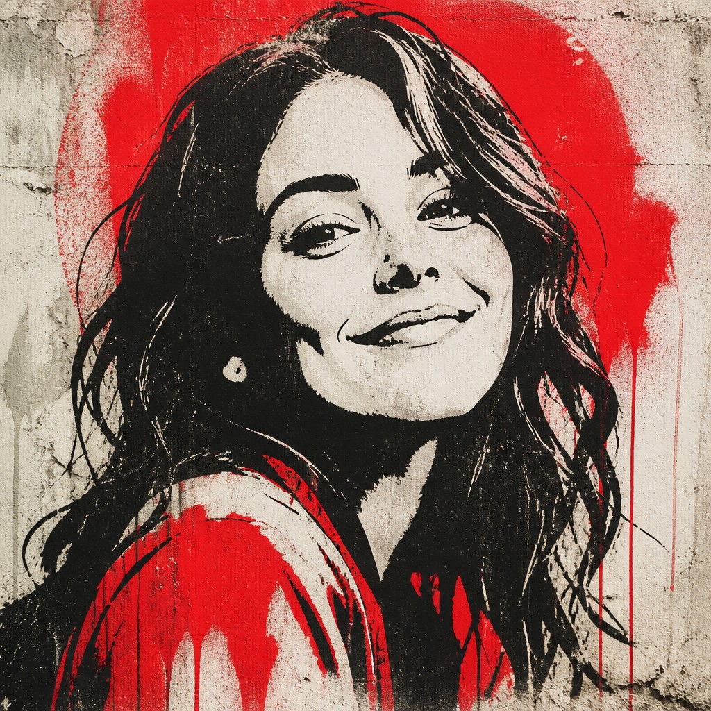 head-and-shoulders portrait of an original character: a young woman with wavy chestnut hair and a warm smile, plain soft backdrop — Stencil Street Art Style profile picture