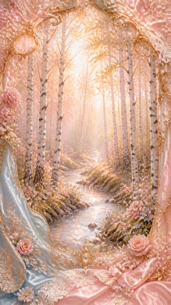 a serene birch forest in soft morning light, no people, no text — Princesscore Aesthetic wall art print