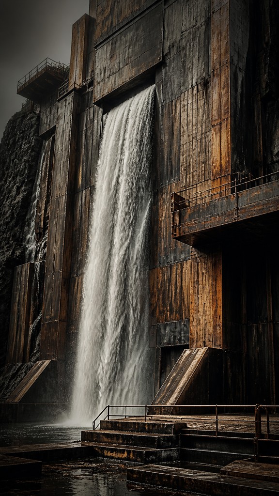 towering waterfall cascading down a cliff — Industrial Furniture Art