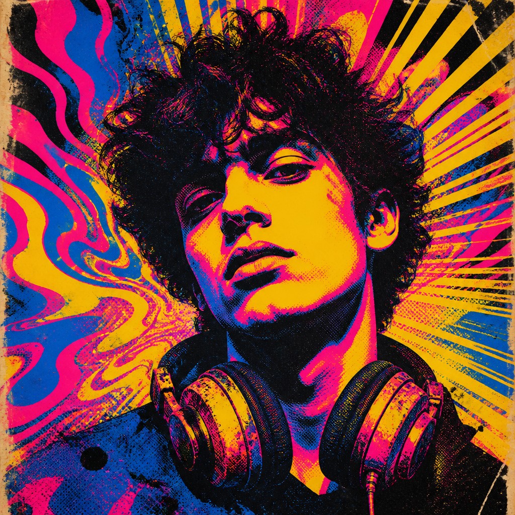 head-and-shoulders portrait of an original character: a young man with curly dark hair and headphones around his neck, plain backdrop, no text — Concert Poster Design Discord profile picture