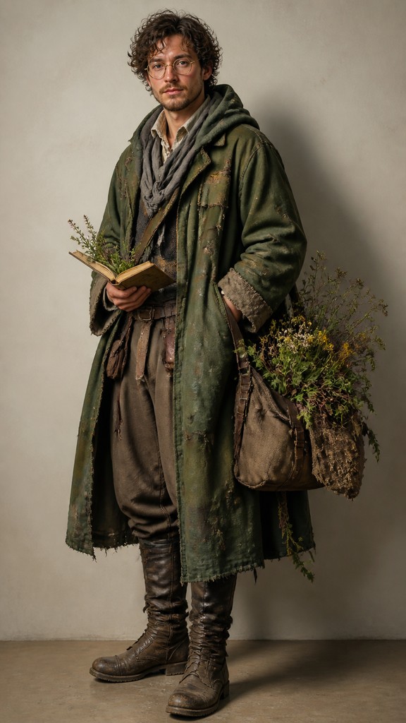 full-body original character: a wandering botanist with a satchel of plants, a patched green cloak, tall boots and round glasses, neutral background — Trompe L'oeil Realism Art Style character design