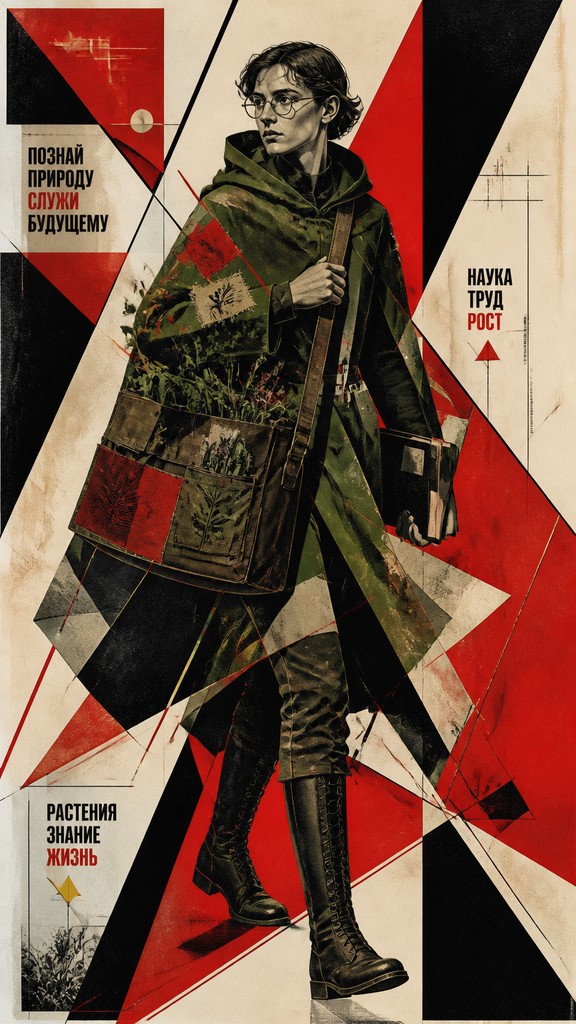 full-body original character: a wandering botanist with a satchel of plants, a patched green cloak, tall boots and round glasses, neutral background — Constructivism Art Style character design