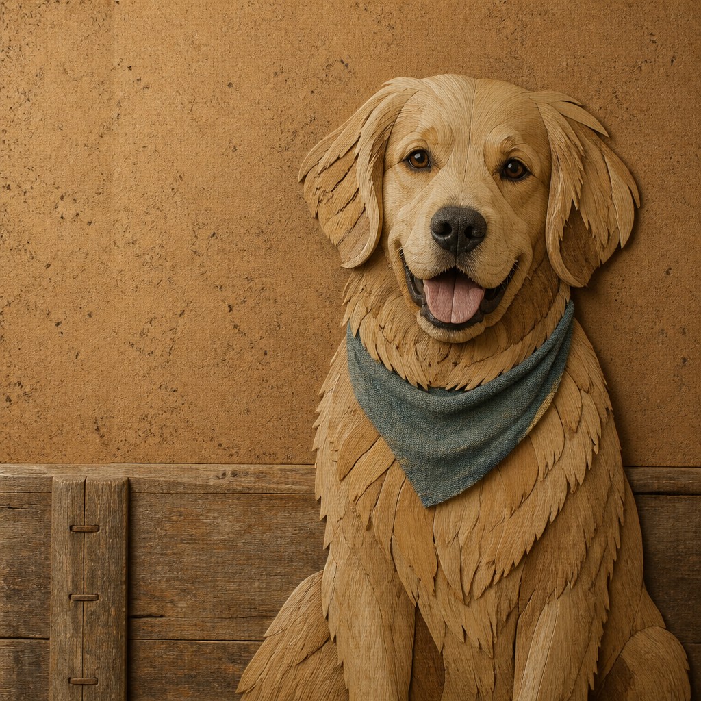 portrait of a golden retriever wearing a blue bandana, warm plain backdrop, no text — Sustainable Eco Furniture Art pet portrait