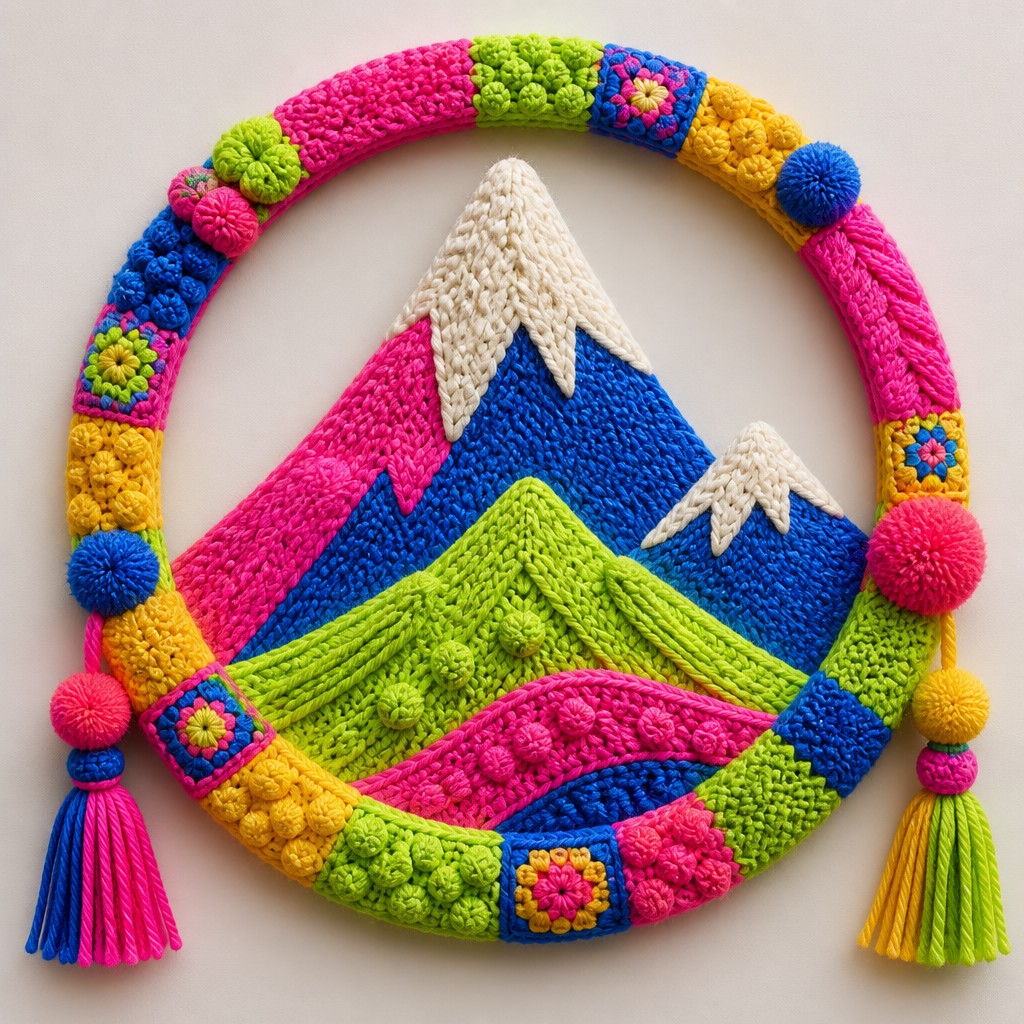 an emblem of a mountain peak inside a circle, simple bold shapes on a plain background, no text or lettering — Yarn Bombing Street Art Style logo concept