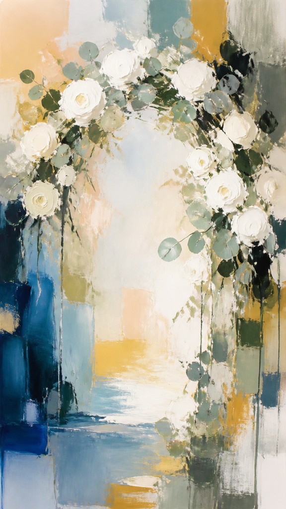 an arch of white roses and eucalyptus in soft morning light, elegant vertical composition with open space, no text — Abstract Art Style wedding invitation