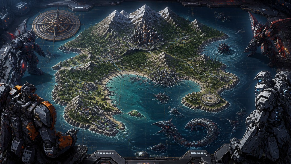a map of an island realm with mountains, forests, a sheltered bay, sea monsters in the water and a compass rose, no text labels — Mecha Anime Art Style fantasy map