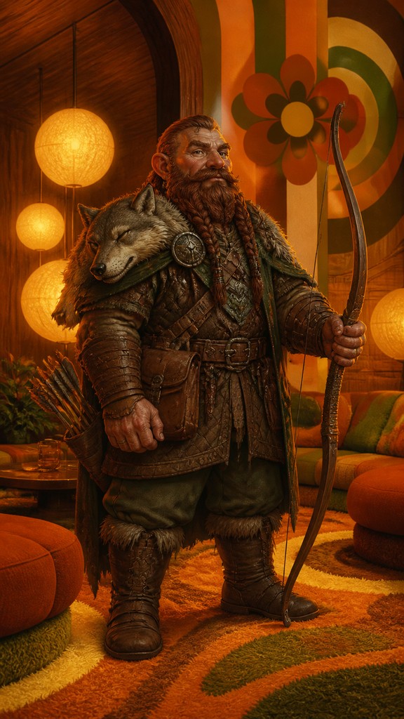full-body original character: a dwarven ranger with a braided auburn beard, worn leather armor, a longbow and a wolf-pelt cloak, neutral background, no text — Retro 70s Interior Design tabletop character portrait