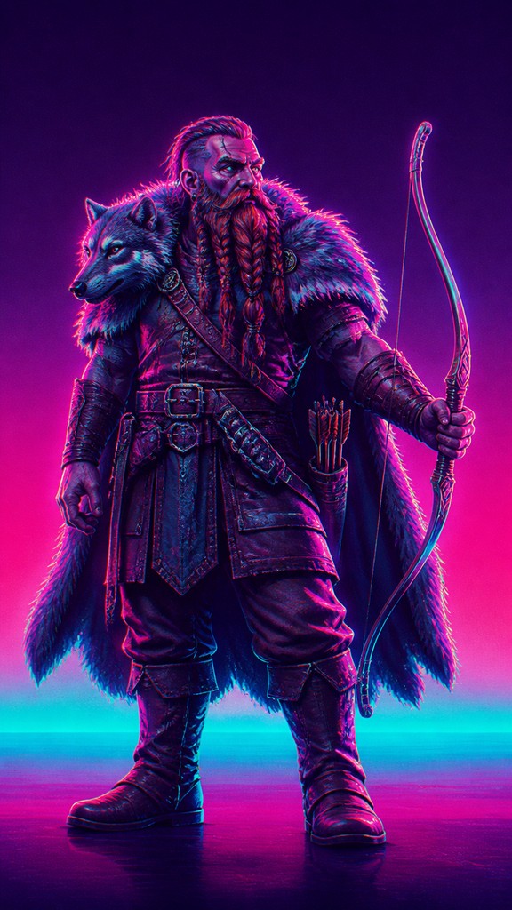full-body original character: a dwarven ranger with a braided auburn beard, worn leather armor, a longbow and a wolf-pelt cloak, neutral background, no text — Miami Vice tabletop character portrait