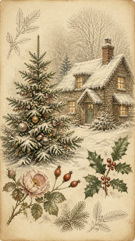 a snow-covered cottage with warm glowing windows beside a decorated pine tree, gentle snowfall, no text — Botanical Nature Art Christmas card