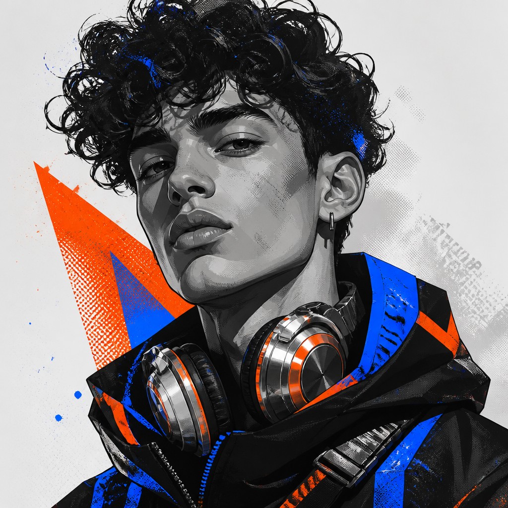 head-and-shoulders portrait of an original character: a young man with curly dark hair and headphones around his neck, plain backdrop, no text — Streetwear Fashion Design Discord profile picture