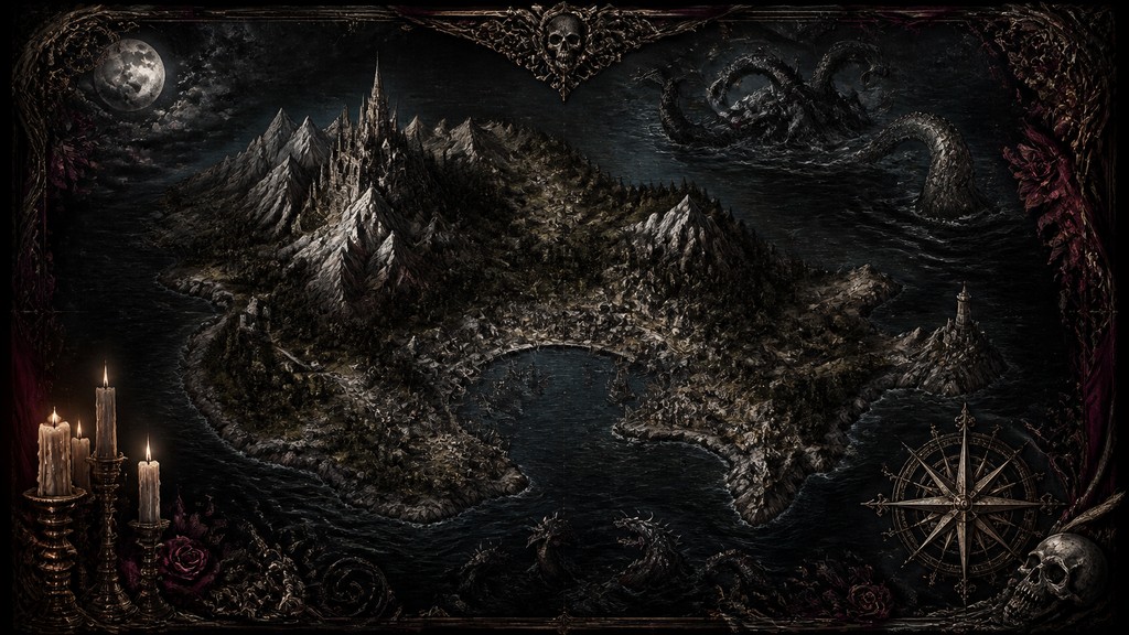 a map of an island realm with mountains, forests, a sheltered bay, sea monsters in the water and a compass rose, no text labels — Dark Gothic Art fantasy map