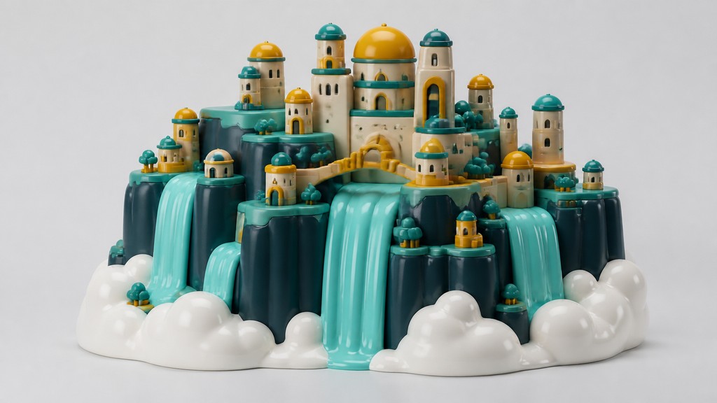 a cliffside city with waterfalls cascading into a misty canyon, wide establishing shot, no people, no text — Designer Vinyl Toy Art concept art
