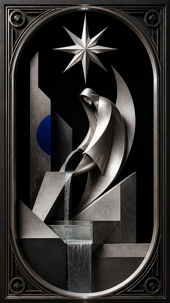 a robed figure pouring water beneath a large eight-pointed star in a night sky, symmetrical composition with an ornate decorative border, no text — Modern Abstract Sculpture Art Style tarot card
