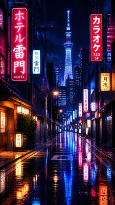 a quiet rainy city street at night reflecting neon signs, no people — Anime Art Style wallpaper