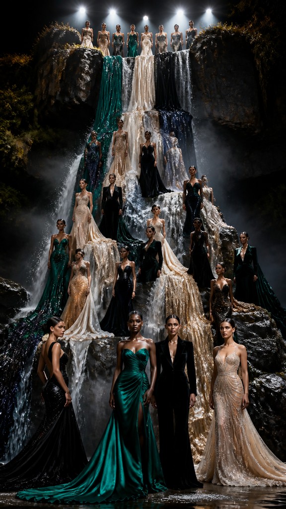 towering waterfall cascading down a cliff — Formal Evening Wear Fashion
