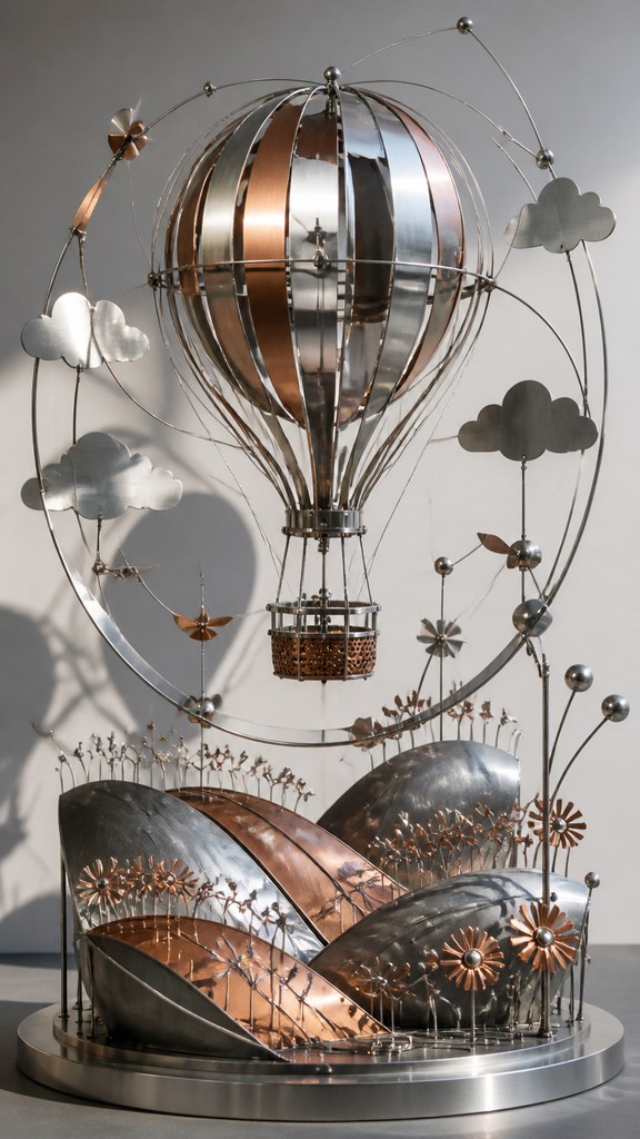 a hot air balloon drifting over rolling flower fields on a sunny day, cheerful, no text — Kinetic Sculpture Art Style greeting card