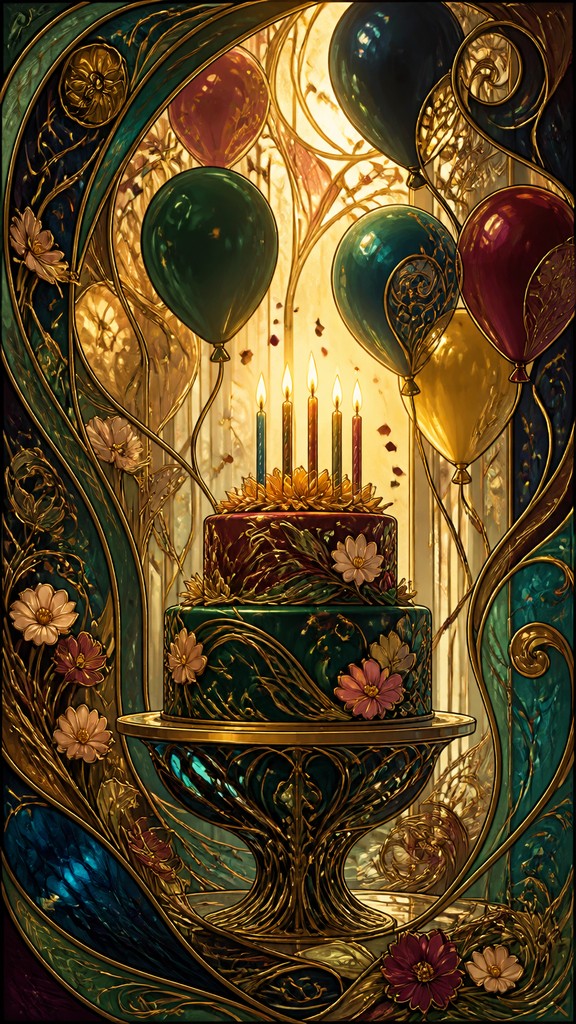 a birthday cake with lit candles surrounded by balloons and confetti, festive vertical composition, no text — Art Nouveau Architecture Art birthday card