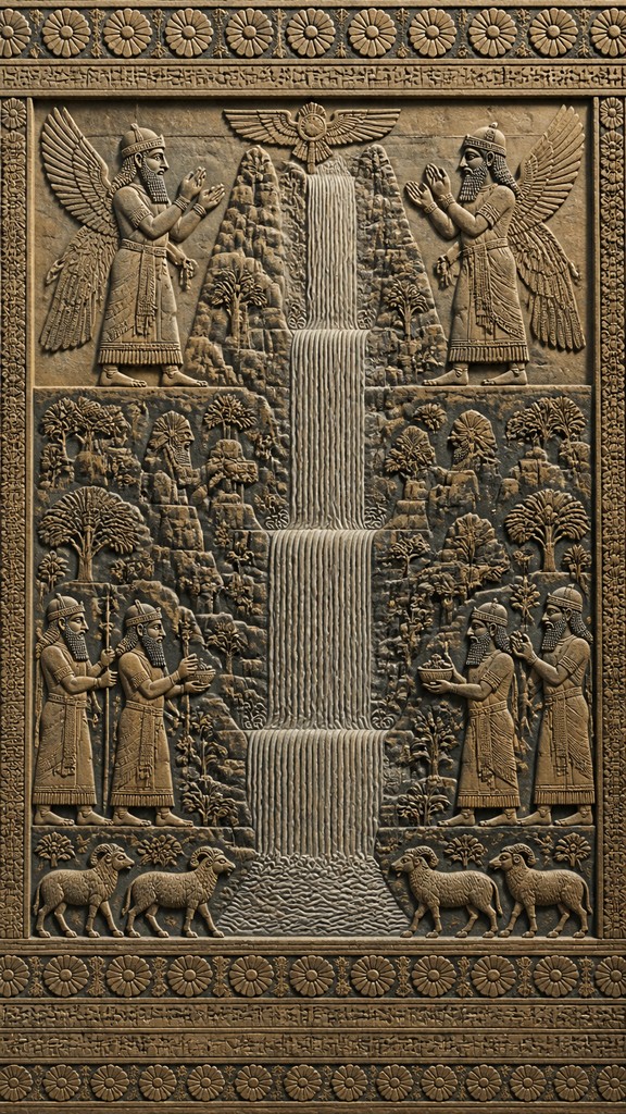 towering waterfall cascading down a cliff — Mesopotamian Relief Art Style