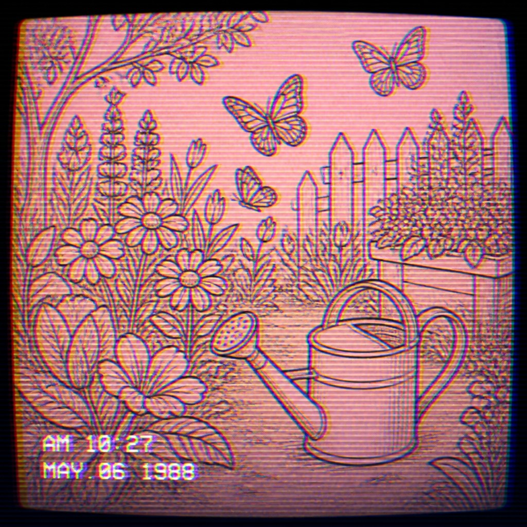 a garden scene with butterflies, flowers and a watering can, clean uncolored line art, no text — VHS Aesthetic coloring page