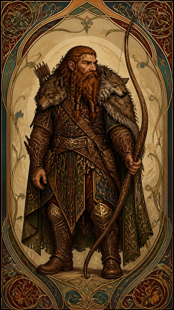 full-body original character: a dwarven ranger with a braided auburn beard, worn leather armor, a longbow and a wolf-pelt cloak, neutral background, no text — Art Nouveau Architecture Art tabletop character portrait