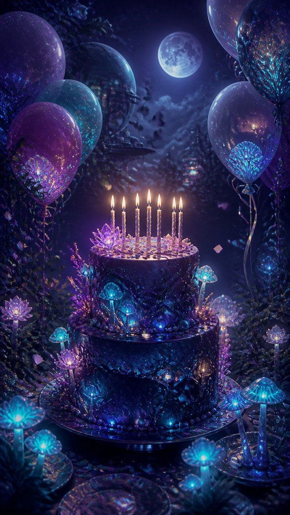 a birthday cake with lit candles surrounded by balloons and confetti, festive vertical composition, no text — Lunarpunk Aesthetic birthday card