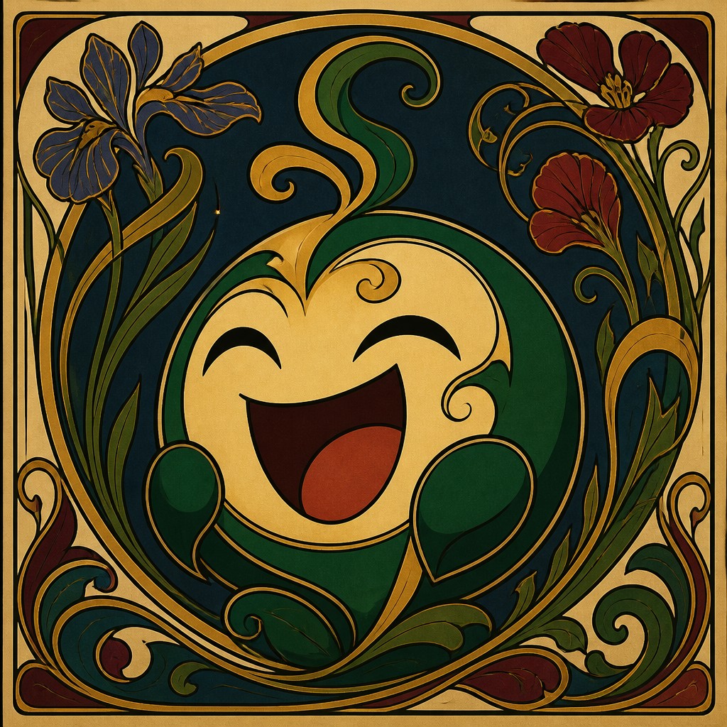 an exaggerated laughing face of an original round mascot character, bold and readable at small size, plain background, no text — Art Nouveau Style Twitch emote