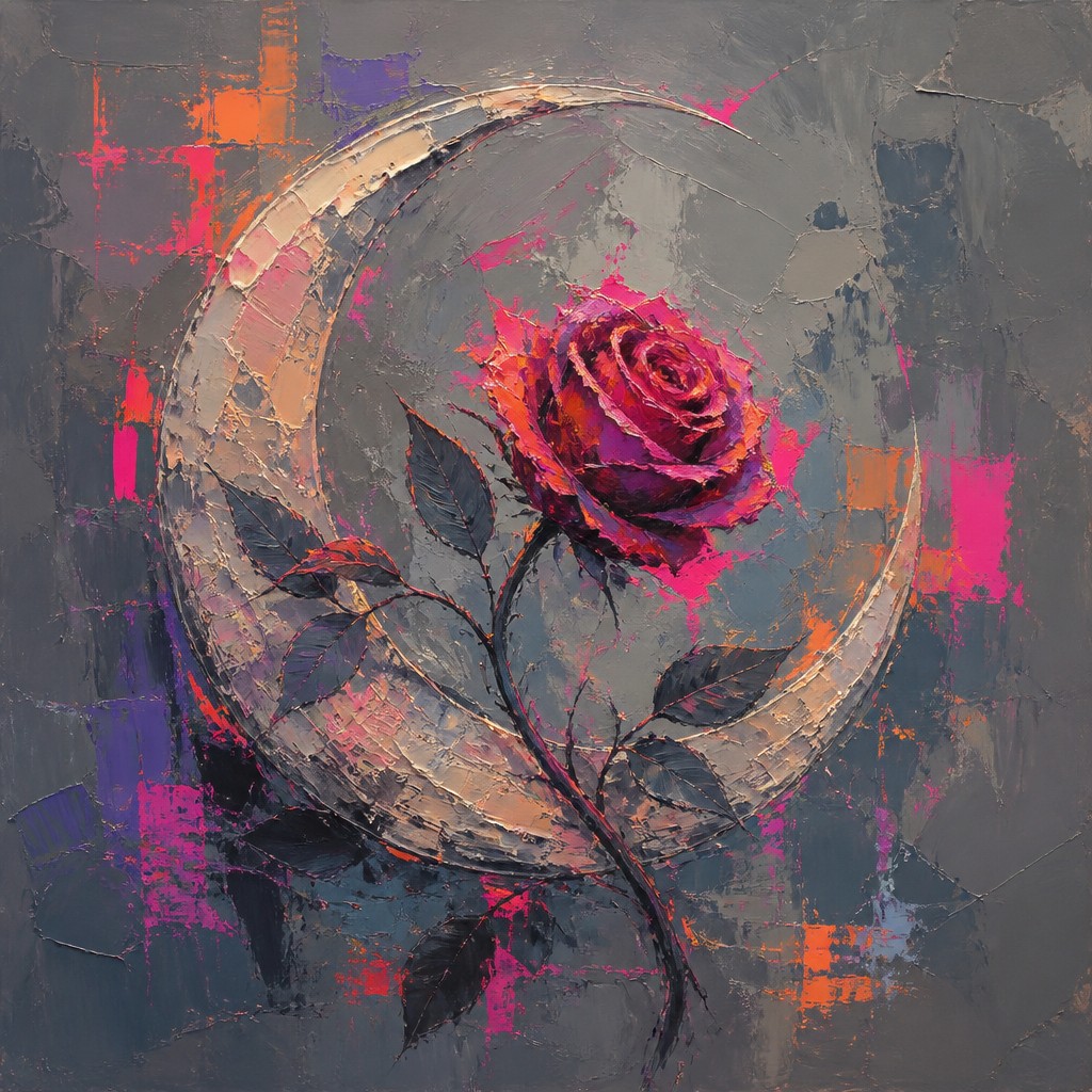a rose entwined with a crescent moon, clean balanced composition on a plain background, no text — Urban Impressionism Art Style tattoo design