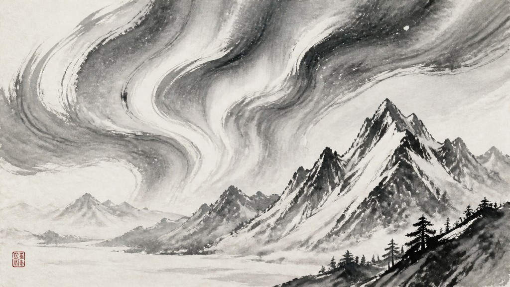 a flowing aurora over snowy peaks, wide sweeping composition, no people, no text — Traditional Chinese Landscape Art Style banner